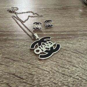 Silver and Black Necklace and Earrings Set